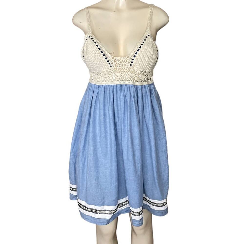 Tommy Hilfiger Ivory Crochet Blue Chambray Sleeveless Dress Open Back Sz Medium